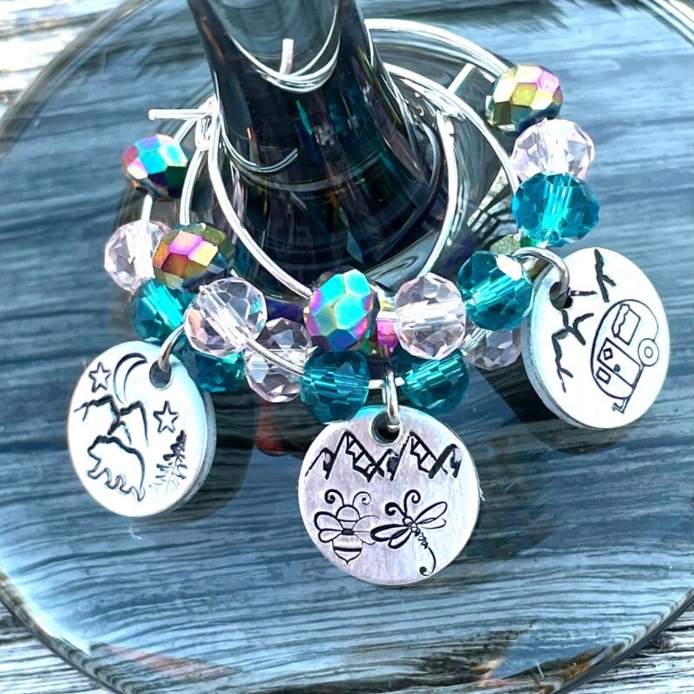 Wine Glass Charms- Wine Gifts - Wine Charms - Hand Stamped - Wine Time